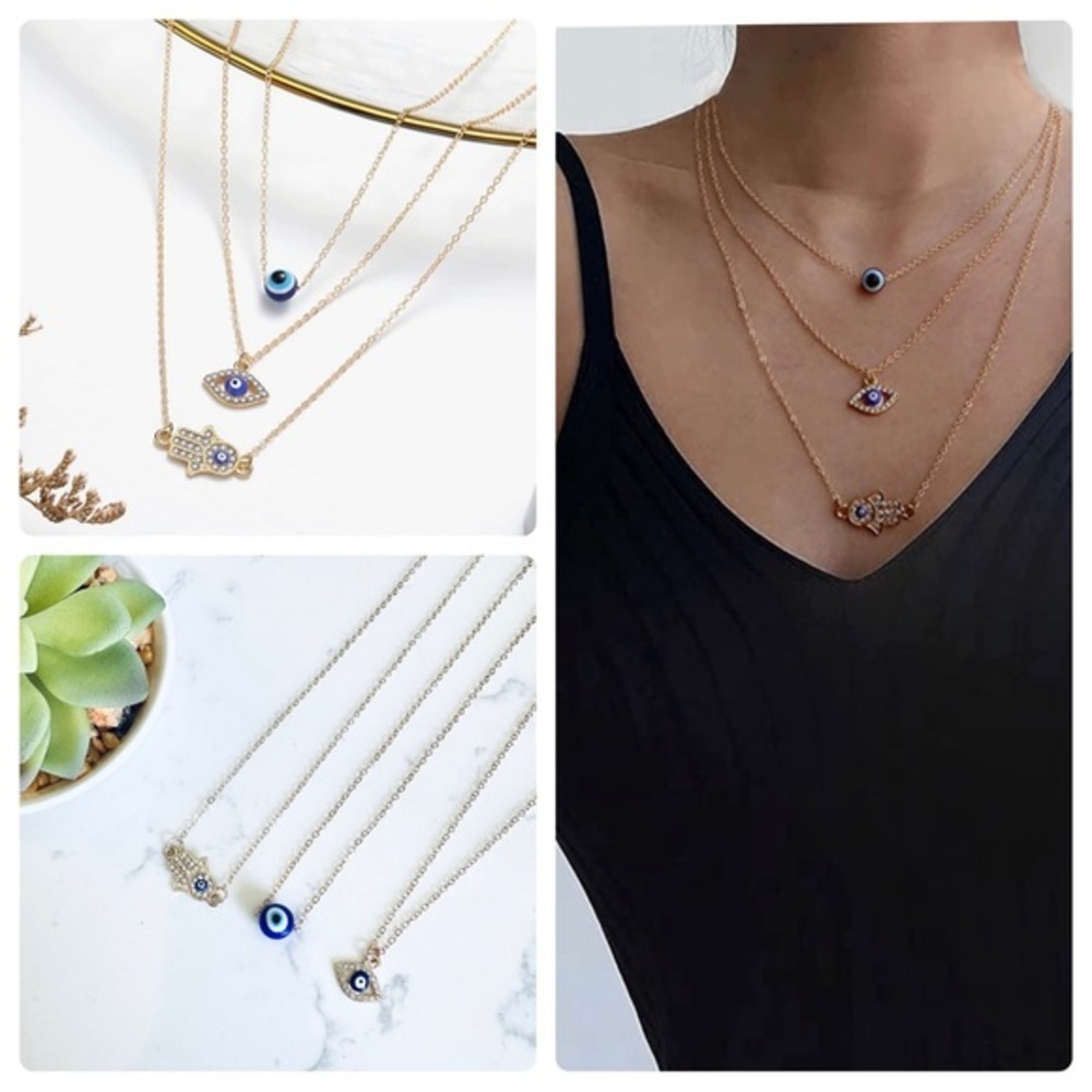 2/$30🌵 Evil Eye Hamsa Trio of Necklaces Blue Delicate Gold Protection Good Luck